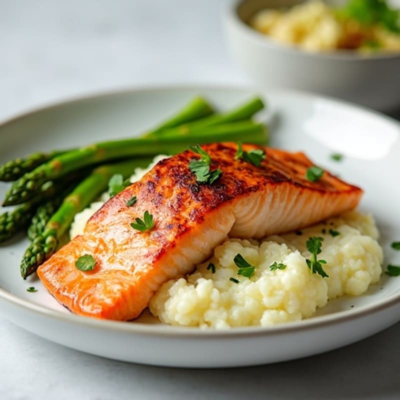Seared Salmon with Steamed Asparagus and Cauliflower Mash
