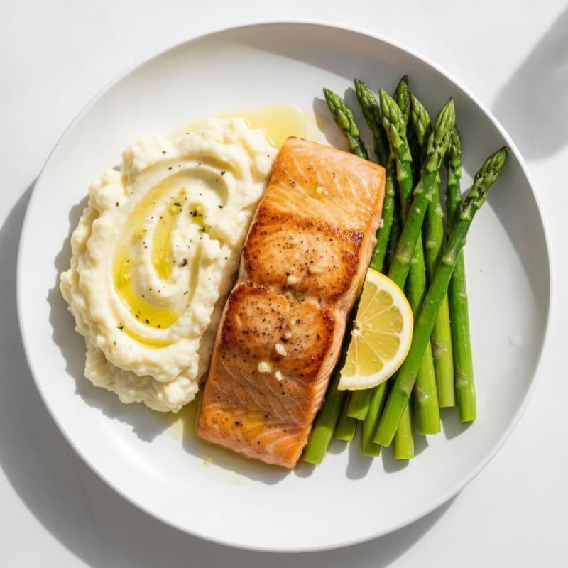 Seared Salmon with Steamed Asparagus and Garlic Mashed Cauliflower
