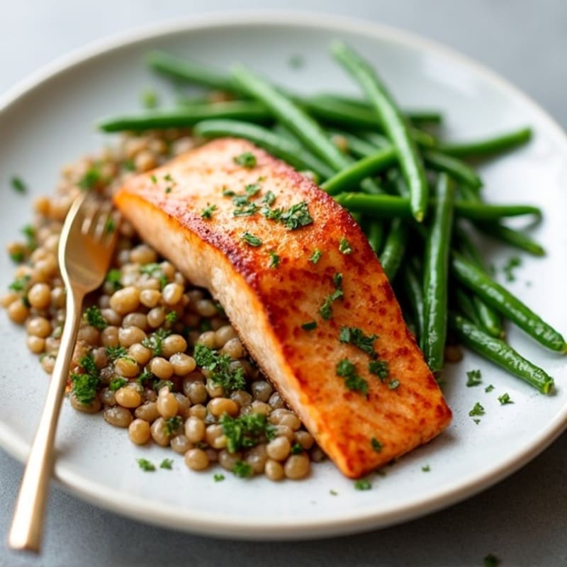 Seared Salmon with Garlic Green Beans and Lentil Mash