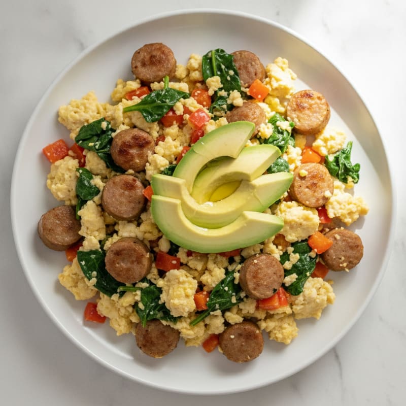 Egg White and Turkey Sausage Scramble with Spinach and Bell Peppers