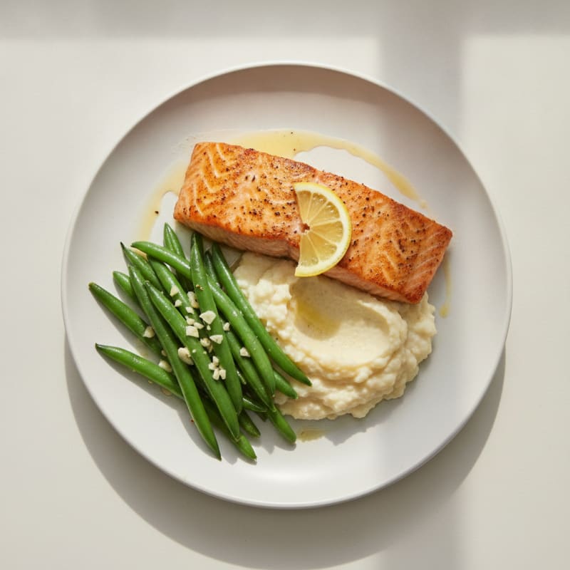 Seared Salmon with Steamed Green Beans and Cauliflower Mash