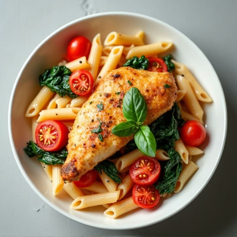 Creamy Tomato Chicken Pasta with Sautéed Spinach