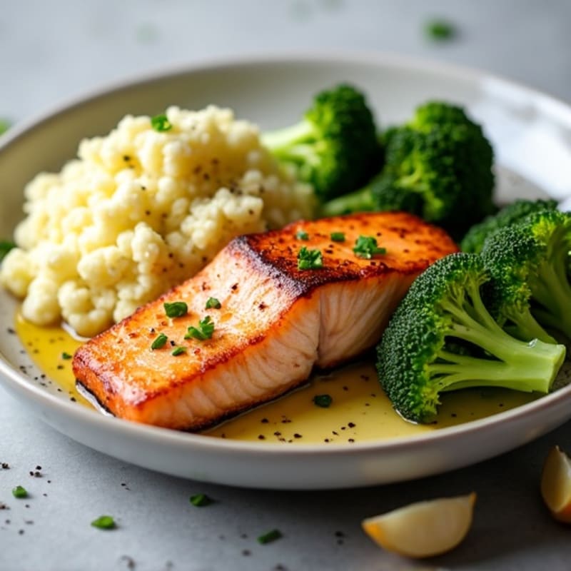 Seared Salmon with Roasted Broccoli and Garlic Mashed Cauliflower