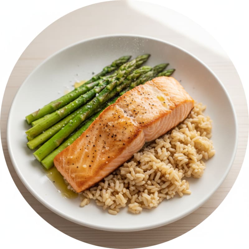Seared Salmon Fillet with Steamed Asparagus and Brown Rice