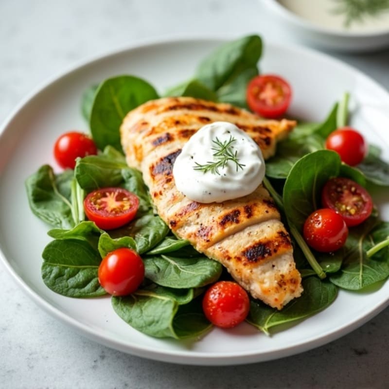 Grilled Chicken Breast Salad with Spinach, Tomatoes, and Greek Yogurt Dressing