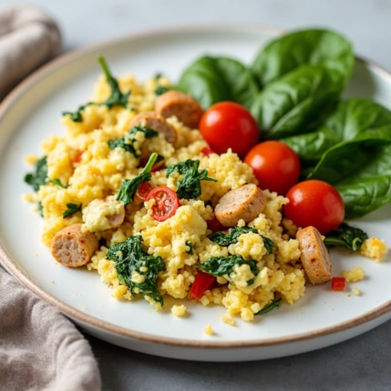 Egg White and Turkey Sausage Scramble with Spinach and Cherry Tomatoes