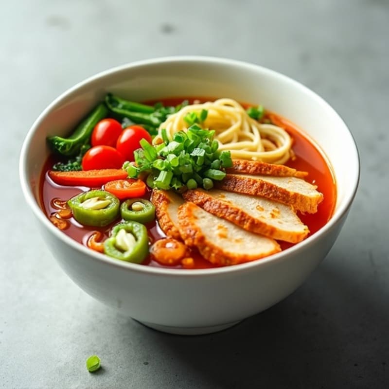 Spicy Sriracha Chicken Noodle Broth Bowl with Fresh Vegetables