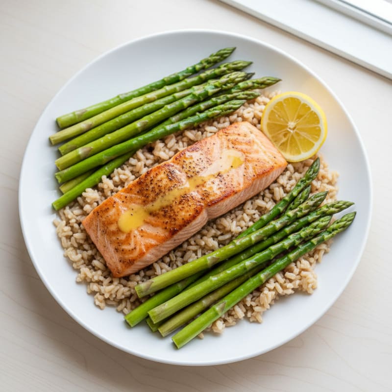 Seared Salmon Filet with Steamed Asparagus and Brown Rice