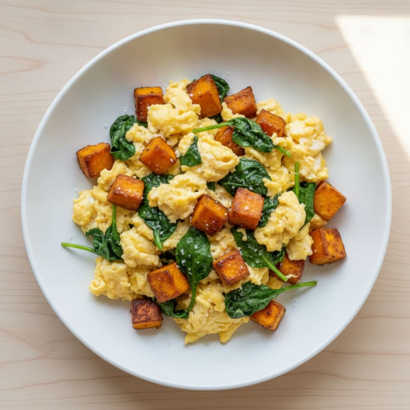 Egg White Scramble with Roasted Kumara and Spinach