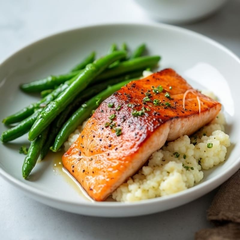 Seared Salmon with Steamed Green Beans and Cauliflower Mash