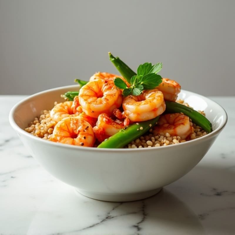 Spicy Sesame Ginger Shrimp Bowl with Crispy Snap Peas and Brown Rice