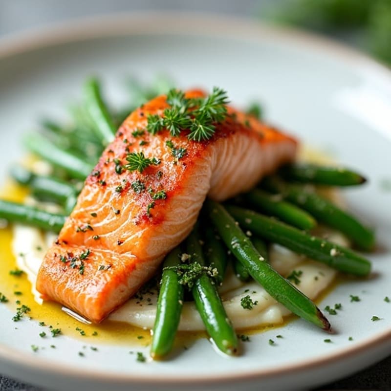 Seared Salmon with Garlic Green Beans and Herbed Cauliflower Mash