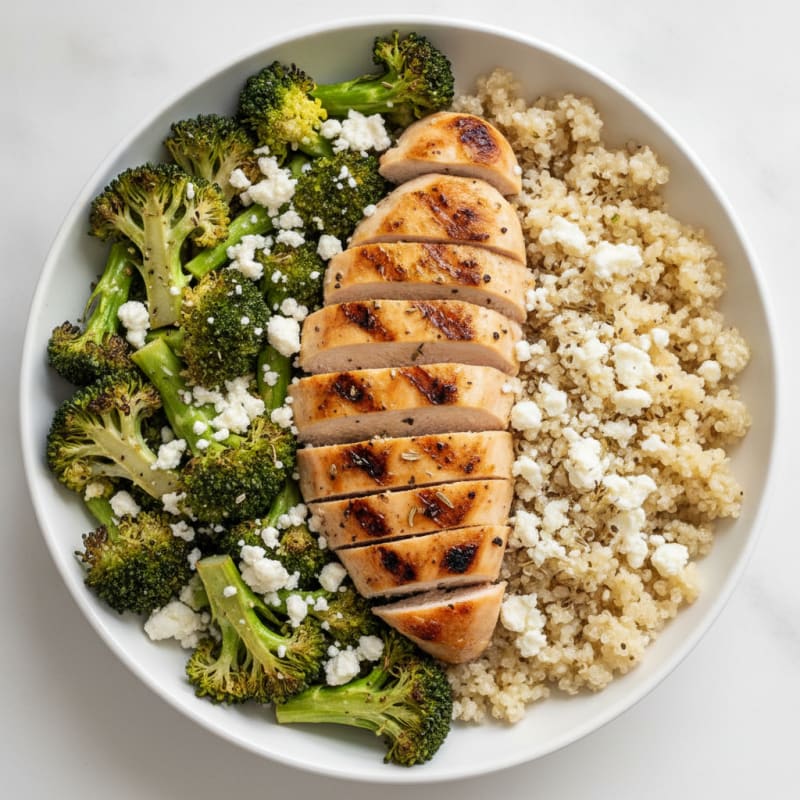Grilled Chicken Quinoa Bowl with Roasted Broccoli and Feta