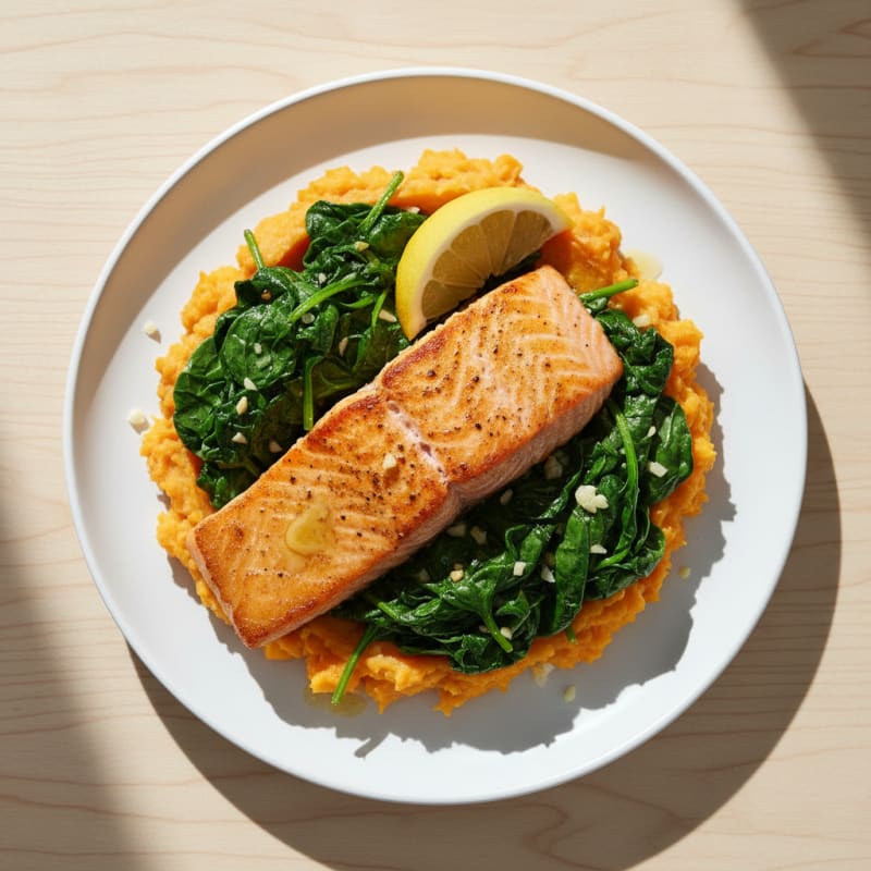 Seared Salmon with Garlic Spinach and Sweet Potato Mash