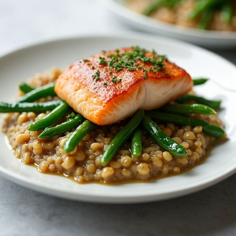 Seared Salmon with Garlic Green Beans and Lentil Mash