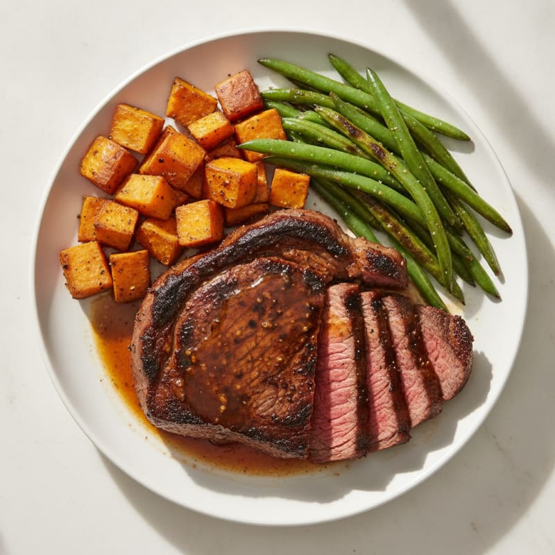 Seared Sirloin Steak with Roasted Sweet Potatoes and Green Beans