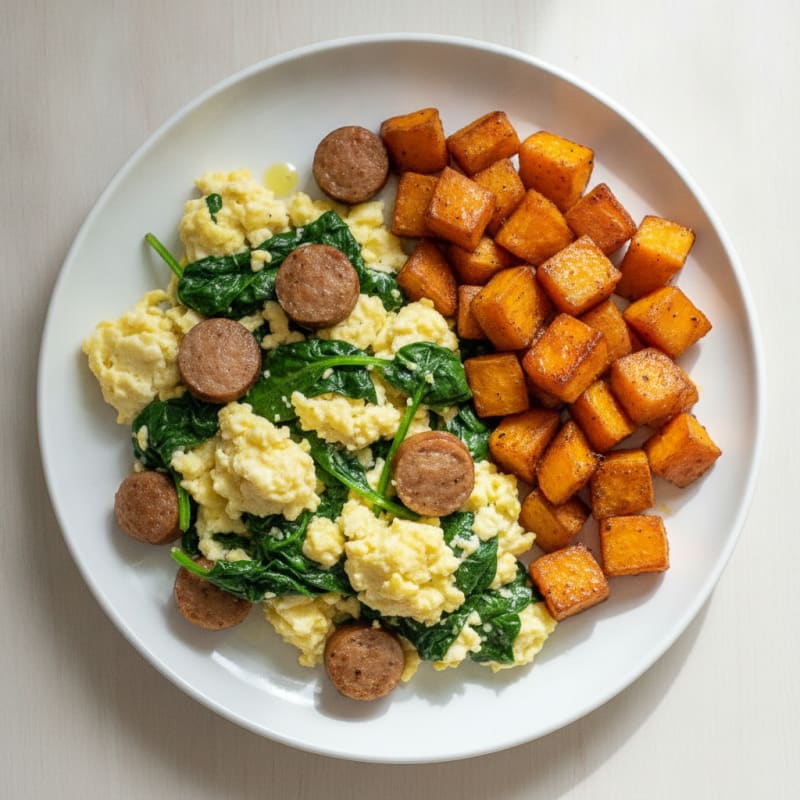 Egg White Spinach Scramble with Turkey Sausage and Roasted Sweet Potatoes