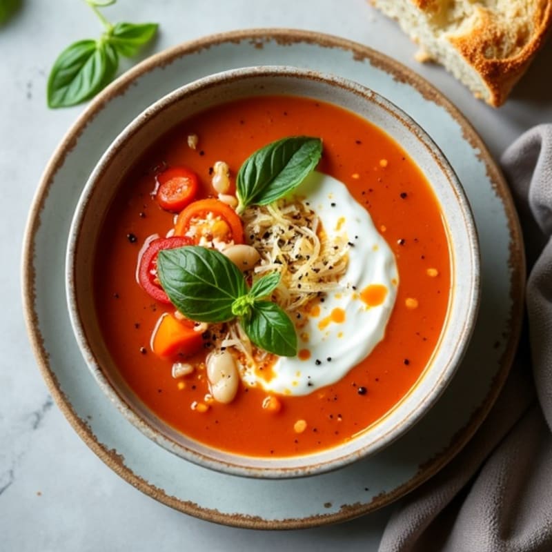 Roasted Tomato Basil Soup with Crispy Cheddar Sourdough and Fresh Greens