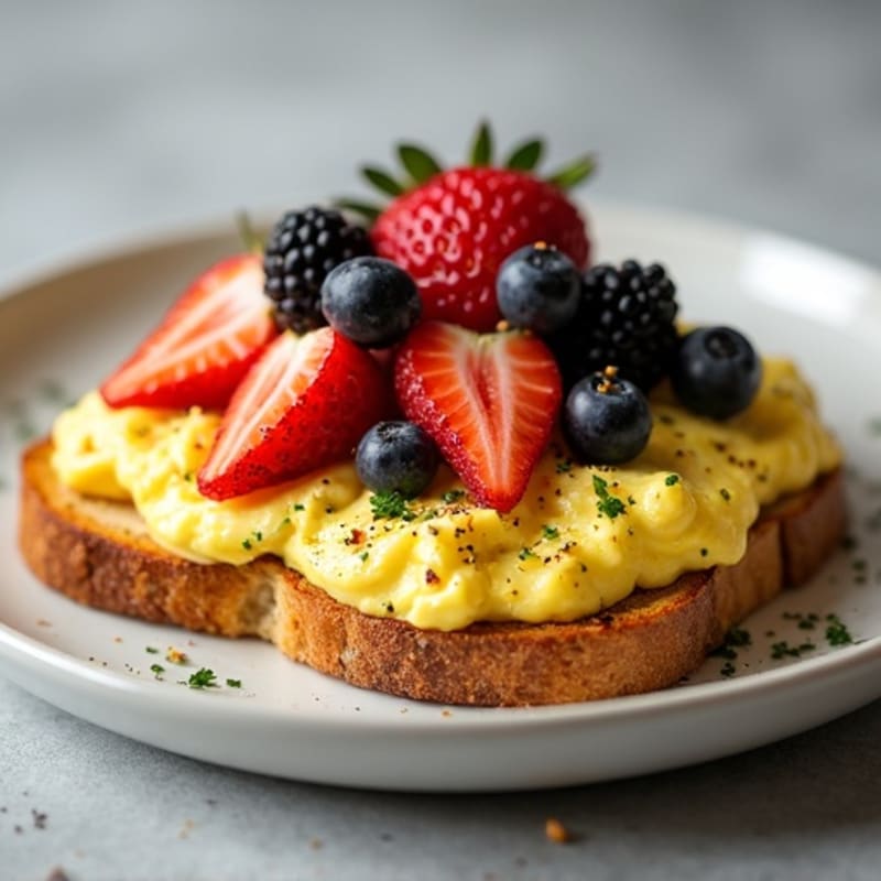 Crispy Sourdough Toast with Herb-Scrambled Eggs and Fresh Berry Medley