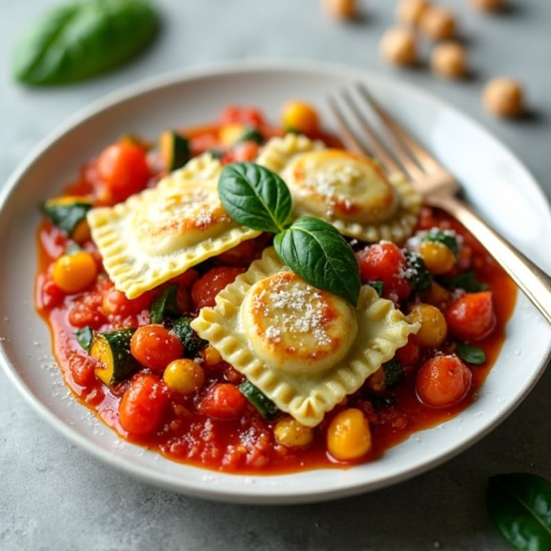 Spinach Ravioli with Zesty Tomato Sauce and Roasted Vegetables