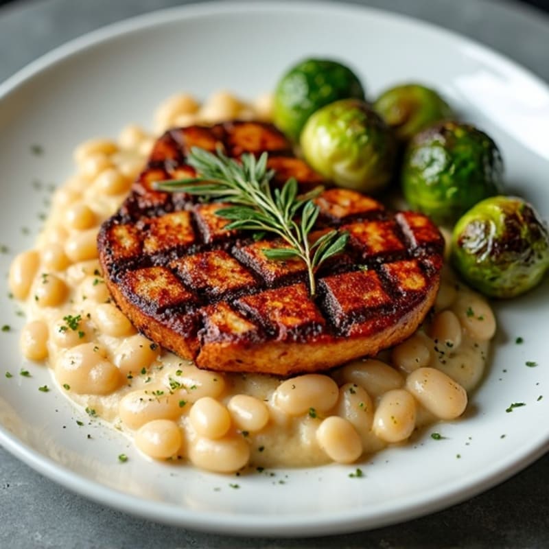Grilled Tempeh Steaks with Creamy White Bean Mash and Roasted Brussels Sprouts