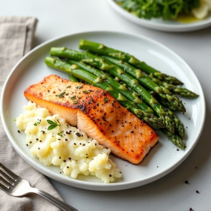 Seared Salmon Fillet with Steamed Asparagus and Cauliflower Mash