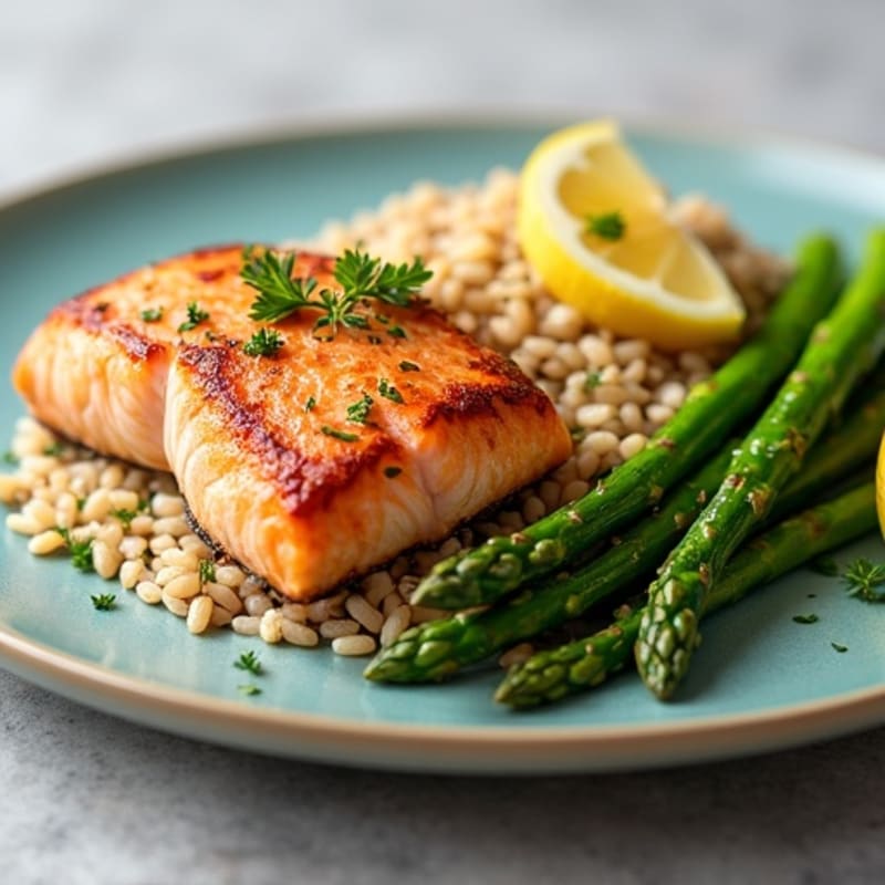 Seared Salmon with Steamed Asparagus and Brown Rice