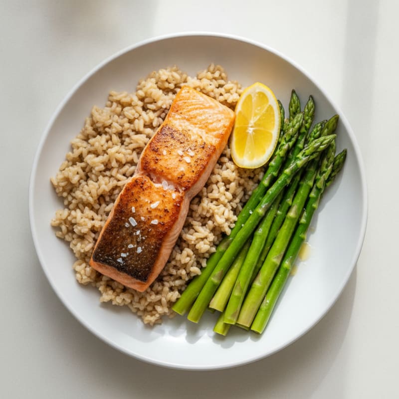 Seared Salmon with Steamed Asparagus and Brown Rice