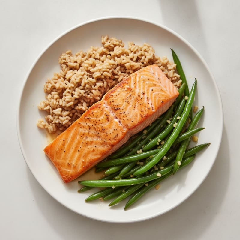 Seared Salmon Fillet with Garlic Green Beans and Brown Rice
