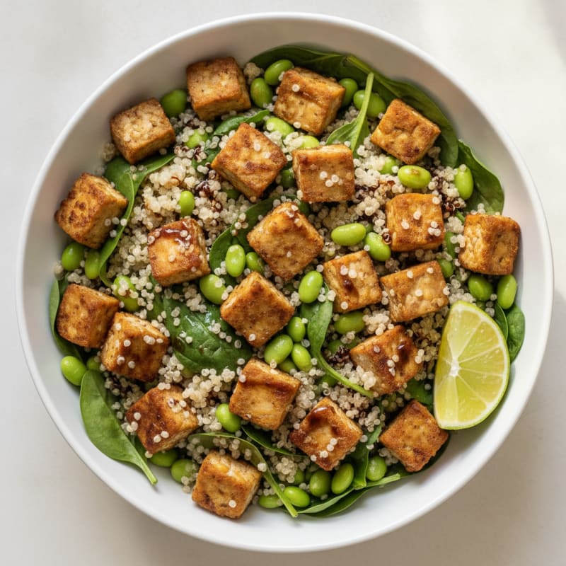 Crispy Tempeh and Quinoa Power Bowl with Edamame