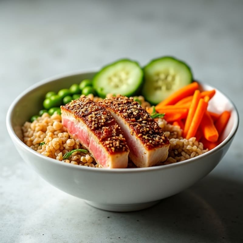 Sesame-Crusted Tuna Rice Bowl with Fresh Vegetables