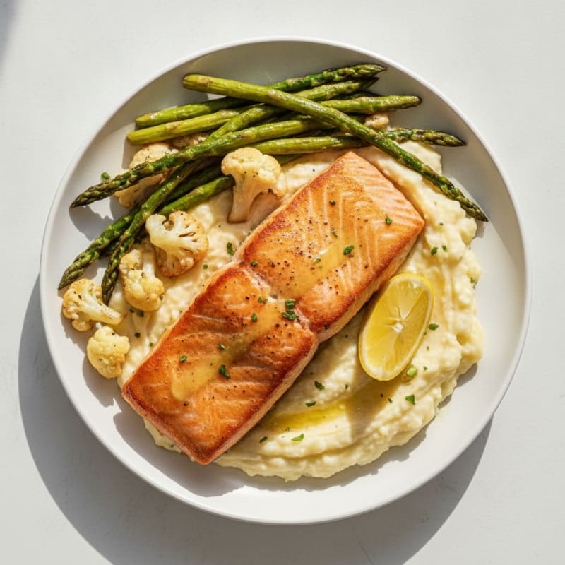 Seared Salmon with Roasted Asparagus and Cauliflower Mash