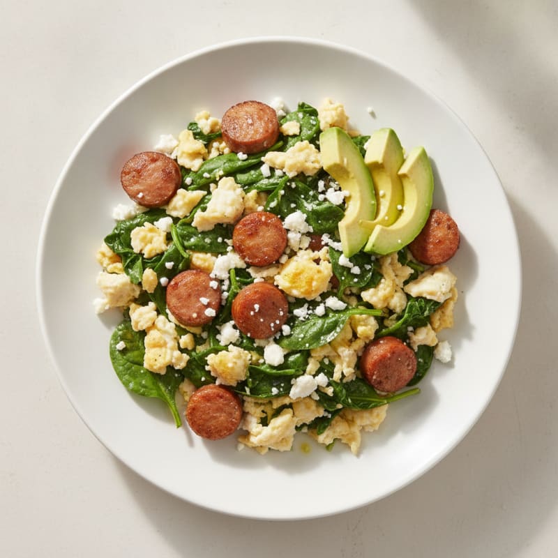 Egg White Spinach Scramble with Turkey Sausage