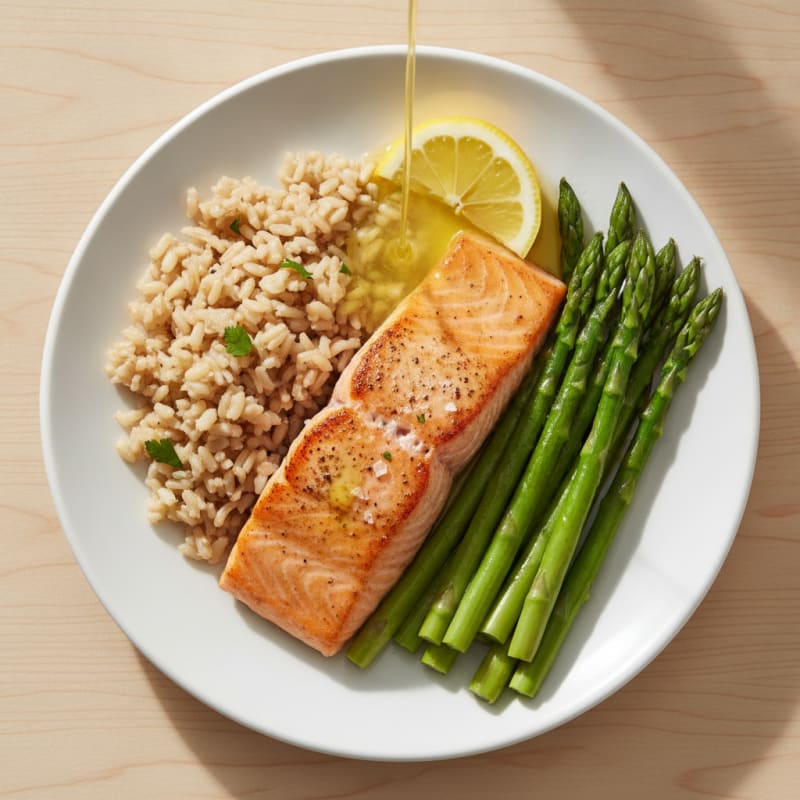 Seared Salmon with Steamed Asparagus and Brown Rice