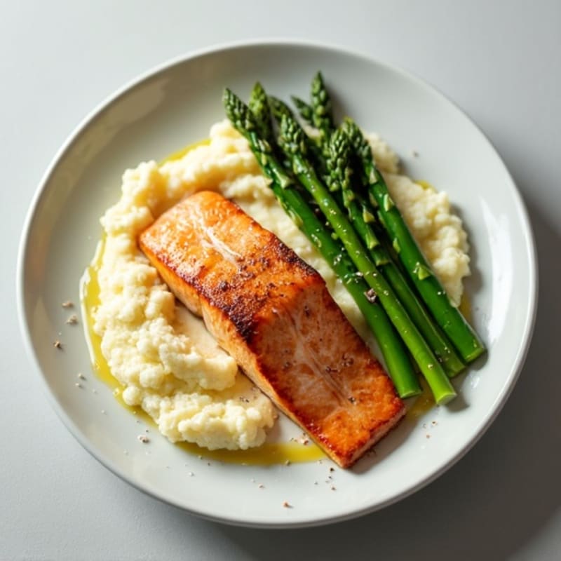 Seared Salmon with Steamed Asparagus and Garlic Mashed Cauliflower