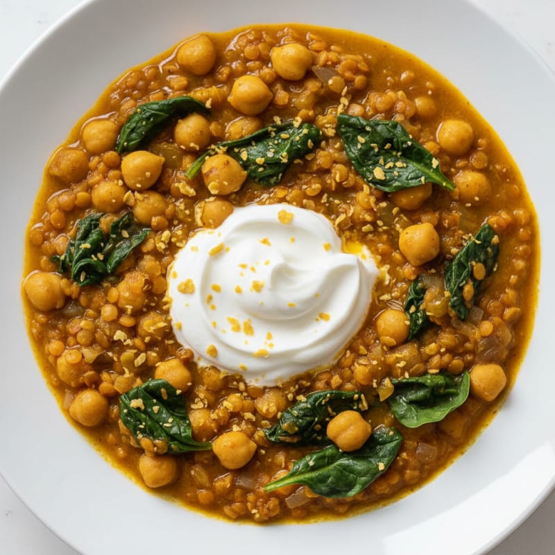 Creamy Lentil and Chickpea Stew with Wilted Spinach
