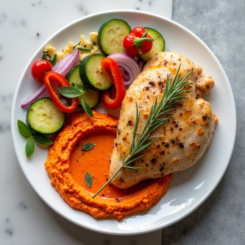 Herb-Roasted Chicken with Creamy Roasted Red Pepper Hummus and Crispy Roasted Vegetables