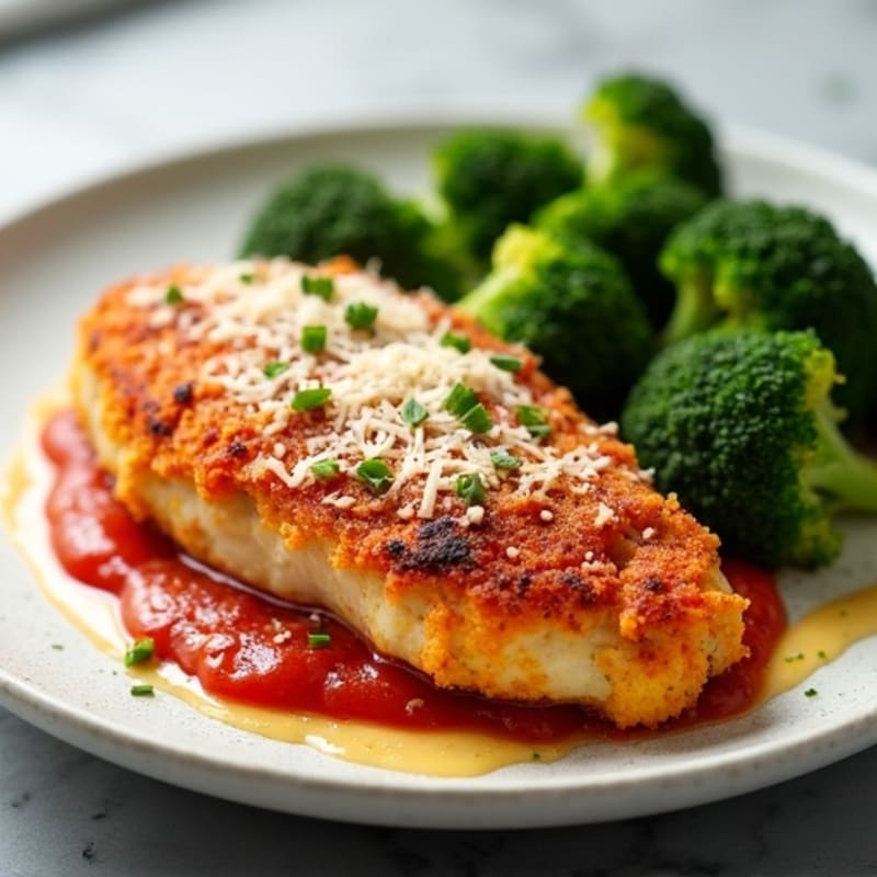 Healthy Crispy Baked Chicken Parmesan with Roasted Broccoli