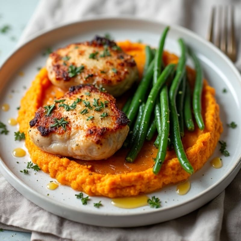 Roasted Chicken Thighs with Garlic Green Beans and Sweet Potato Mash