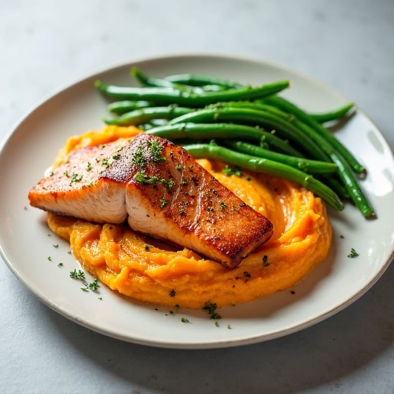 Seared Salmon Fillet with Steamed Green Beans and Mashed Sweet Potato