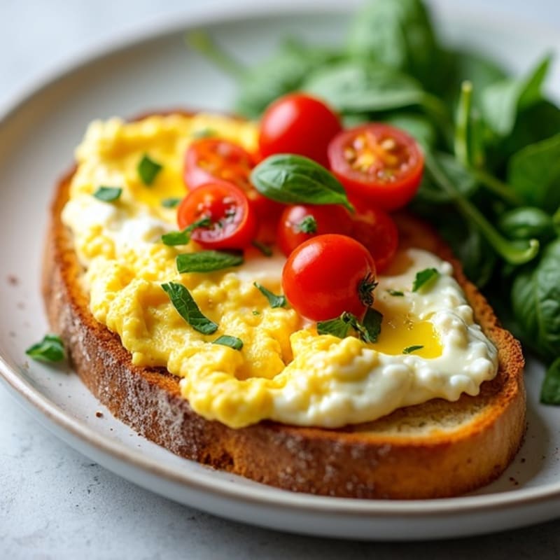 Scrambled Eggs and Creamy Cottage Cheese Sourdough Toast with Fresh Pesto Vegetables