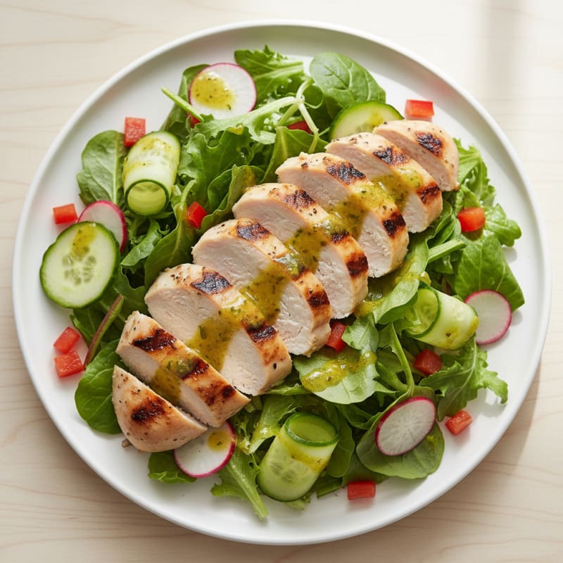 Grilled Chicken Breast over Crunchy Mixed Greens Salad