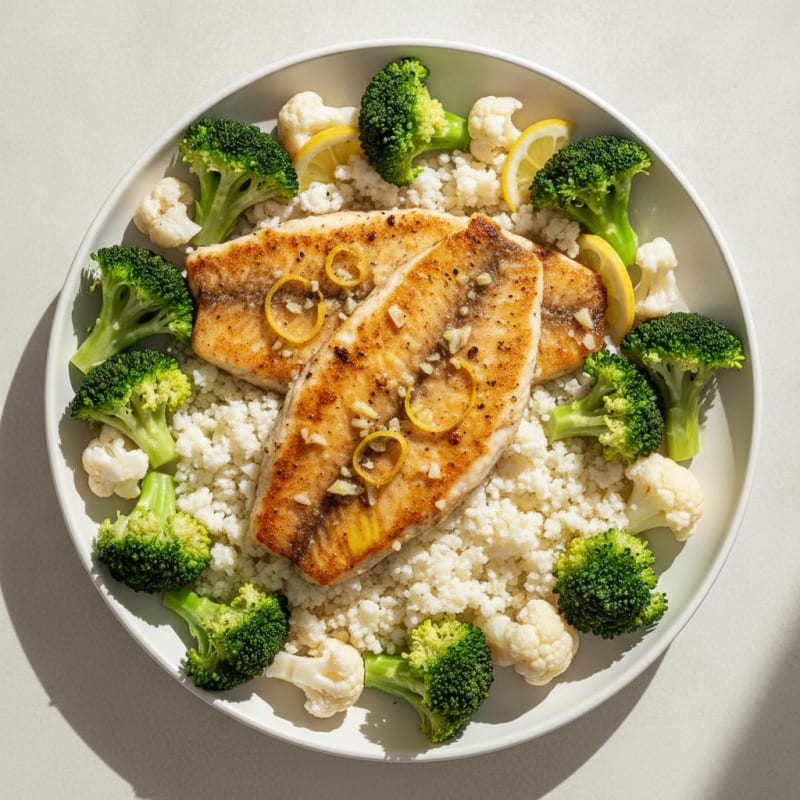 Seared Tilapia with Steamed Broccoli and Cauliflower Rice