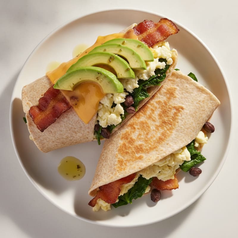 Crispy Turkey Bacon and Egg White Breakfast Burrito with Sautéed Spinach