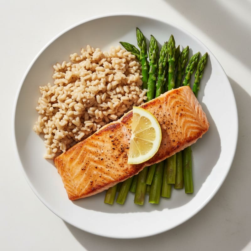 Seared Salmon Fillet with Steamed Asparagus and Brown Rice