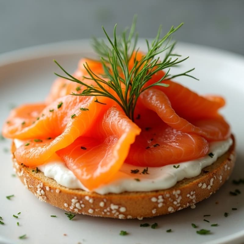 Open-Face Smoked Salmon with Herbed Cream Cheese on Toasted Everything Bagel
