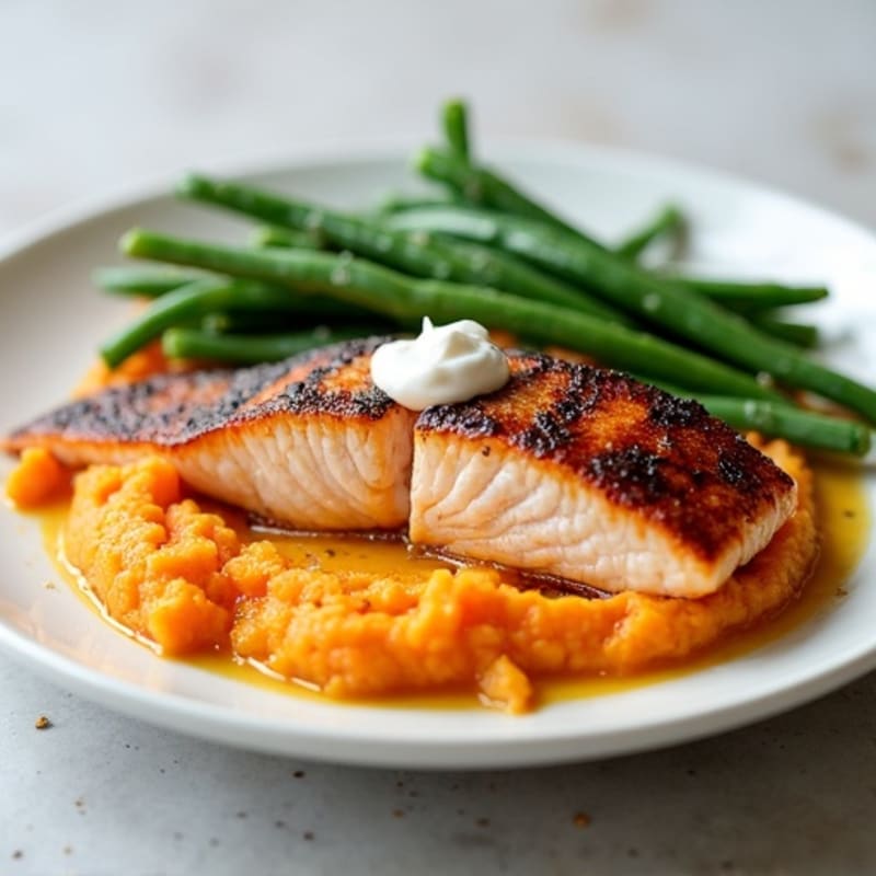 Seared Salmon Fillet with Steamed Green Beans and Sweet Potato Mash