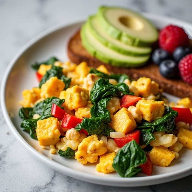 Egg White and Chicken Veggie Scramble with Sautéed Spinach