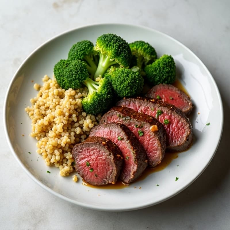 Seared Lean Beef with Steamed Broccoli and Quinoa