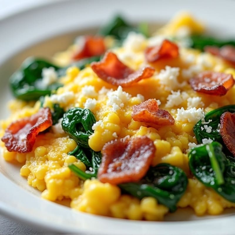 Egg White and Turkey Bacon Scramble with Sautéed Spinach